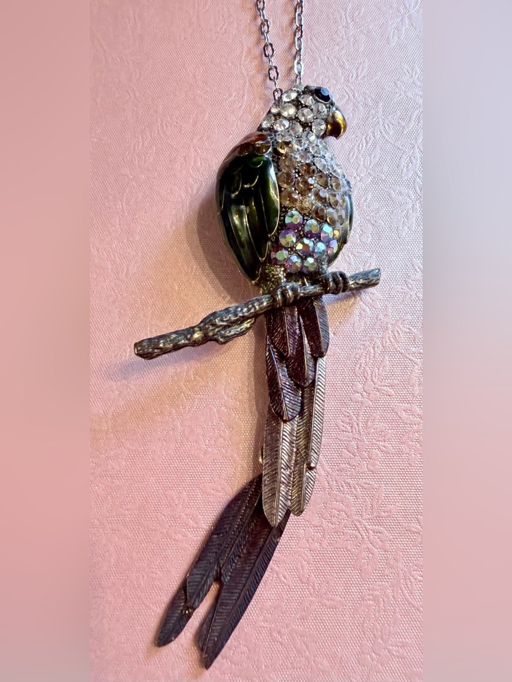 Multicolor Crystal Parrot Pendant Necklace with Green Enamel Accents